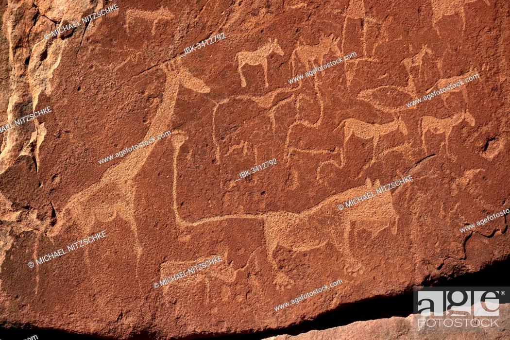 Stock Photo: Rock carvings of the San people, Damaraland, Kunene Region, Namibia.