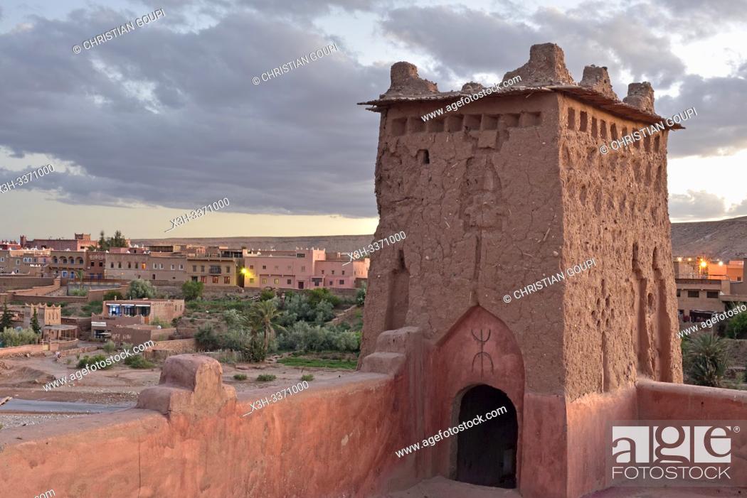 Stock Photo: terrace of Kasbah Tebi, guest house in the heart of the Ksar of Ait-Ben-Haddou, Ounila River valley, Ouarzazate Province, region of Draa-Tafilalet, Morocco.