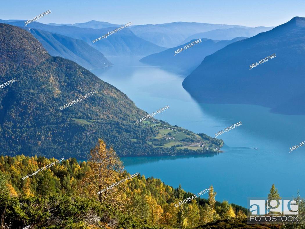 Stock Photo: View from mount Molden, over the Lustrafjord, inner branch of Sognefjord, tongue of land of Urnes, Norways oldest stave church, Sognefjord, Norway.