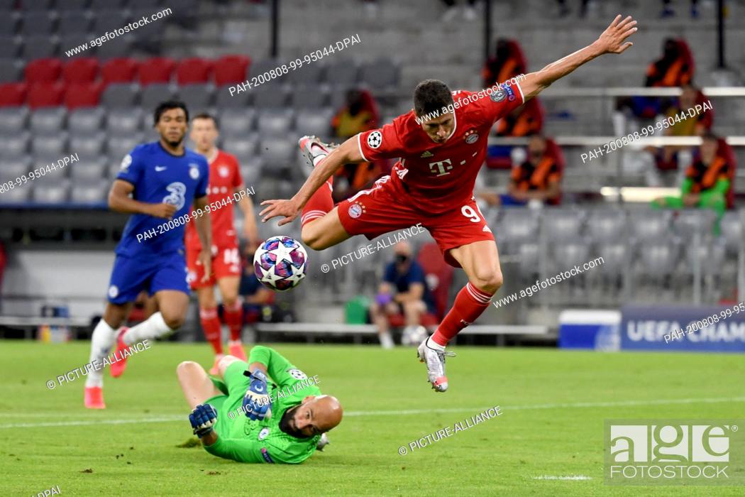Stock Photo: 08 August 2020, Bavaria, Munich: Football: Champions League, knockout rounds, round of 16, second leg: FC Bayern Munich - FC Chelsea at the Allianz Arena.