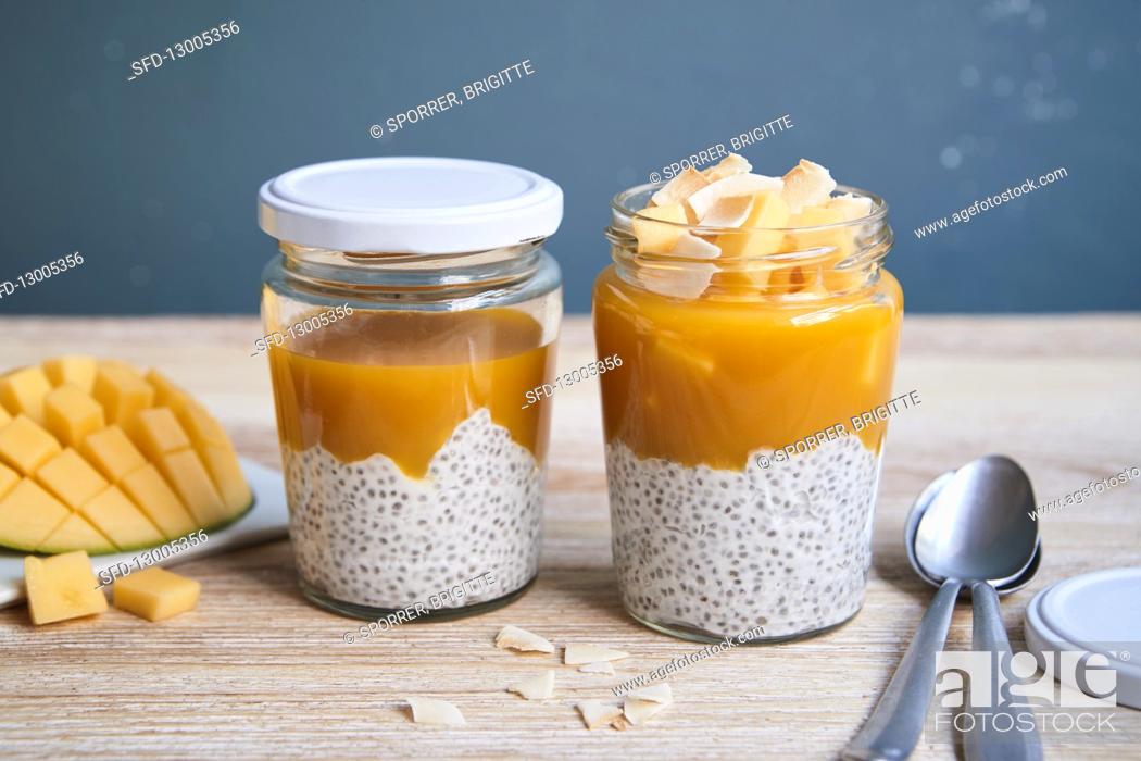 Stock Photo: Chia pudding with coconut and mango.