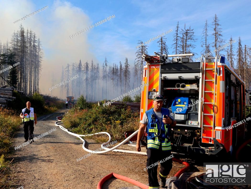 Stock Photo: 11 August 2022, Saxony-Anhalt, Schierke: Rescue forces of the fire department fight a larger forest fire in Schierke. Since 2 p.m.