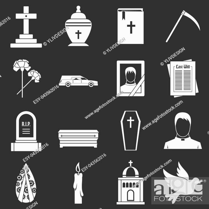 Stock Photo: Funeral icons set white isolated on grey background.