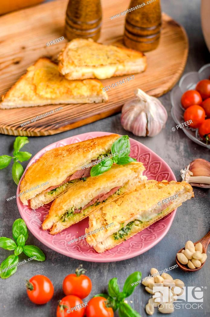 Stock Photo: Pesto cheese sandwich, fast and delish meal with pesto.