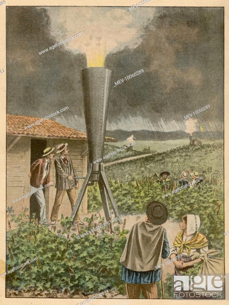 Stock Photo: In the Beaujolais area Guinand's mortar bombards clouds which threaten the vineyards, causing them to release the rain before it freezes into hail.