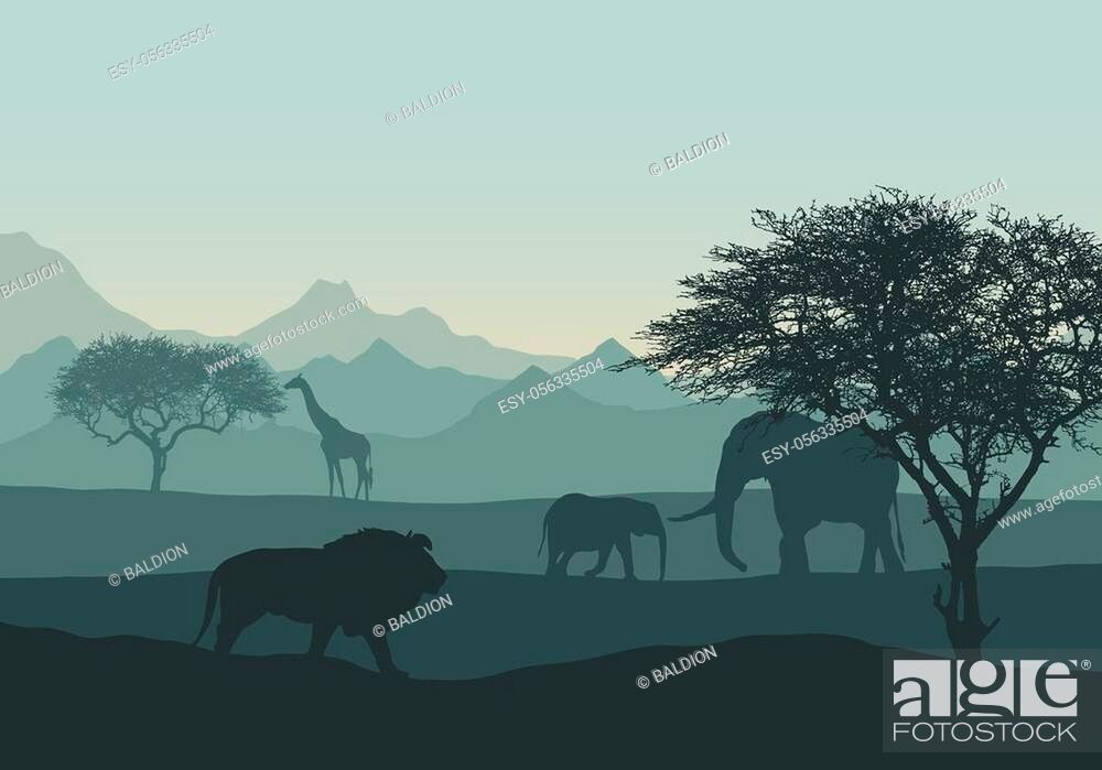 Realistic illustration of mountain african landscape and safari with animals  and trees, Stock Vector, Vector And Low Budget Royalty Free Image. Pic.  ESY-056335504 | agefotostock