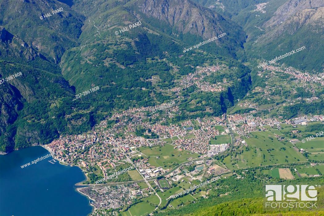 Stock Photo: aerial shot, from a small plane, of Porlezza touristic village, shot on a bright springtime day in Lombardy , Italy.