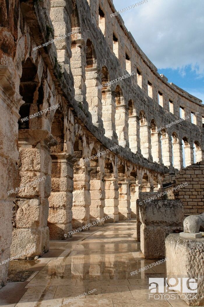 Stock Photo: CROATIA, Istra, Pula, Remains of Roman emperor Vespasians amphitheater ca. 70 AD.