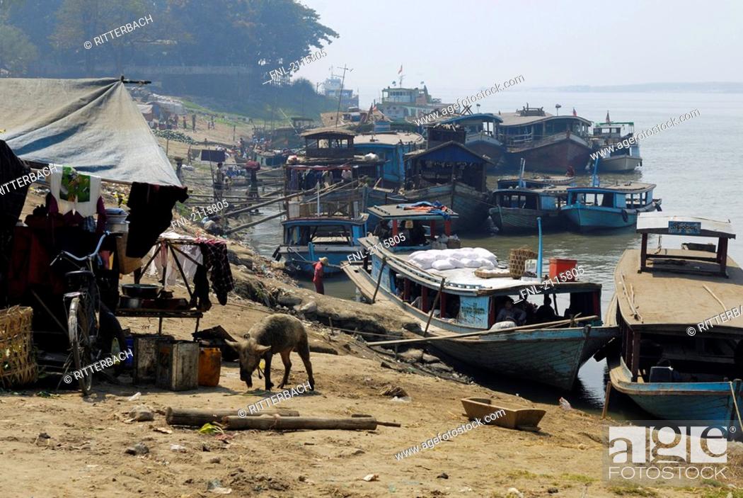 Stock Photo: Boats moored at harbor, Irrawaddy River, Myanmar.