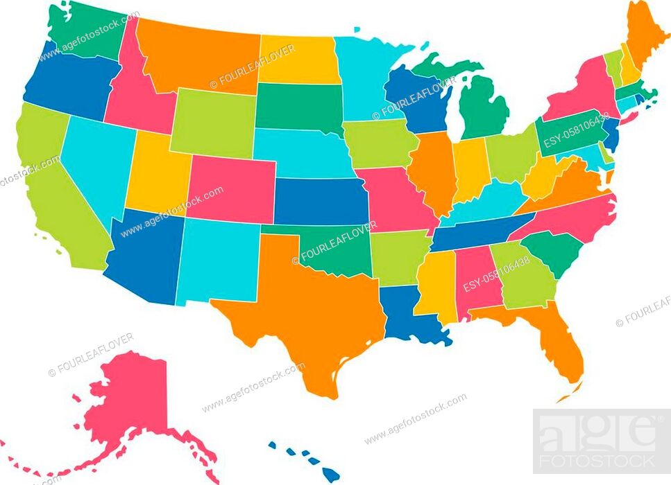 Stock Vector: Simple Bright Colors Full Vector Political Map of the United States of America, isolated on White Background.