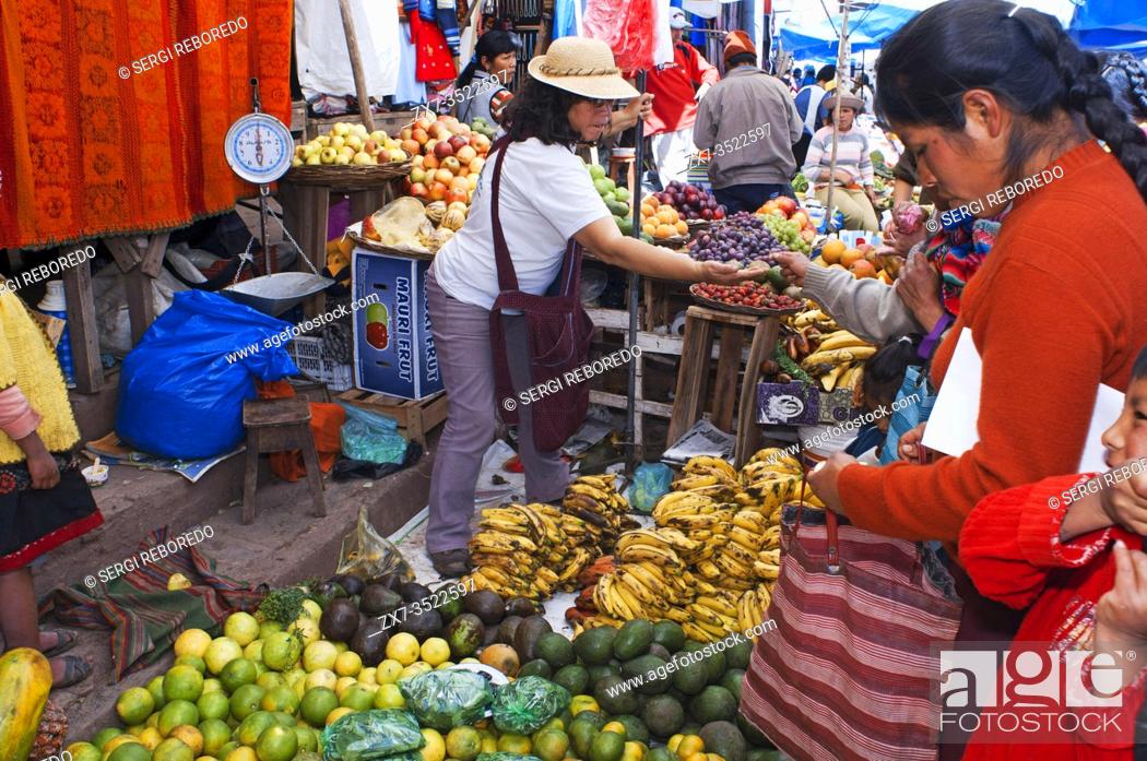 Stock Photo: Sacred Valley, Pisac, Peru. Pisac Sunday market day. Pisac. Sacred Valley. Pisac, or Pisaq in Quechua, is a small town about 35 km from Cuzco.