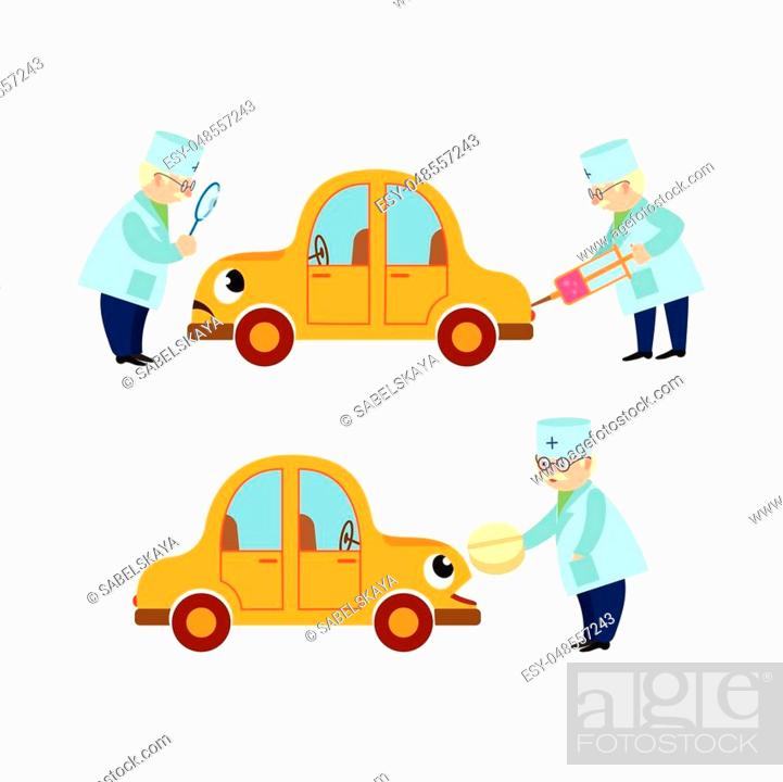 Funny doctor examining sick car character with magnifying glass, giving  pill, making injection, Stock Vector, Vector And Low Budget Royalty Free  Image. Pic. ESY-048557243 | agefotostock