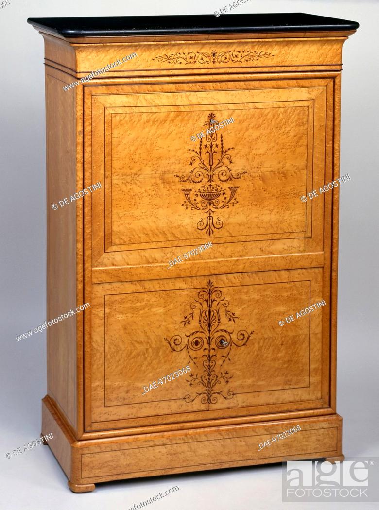 Stock Photo: Restoration style (Charles X) speckled maple secretary with amaranth inlays and black marble top. France, 19th century.  Private Collection.