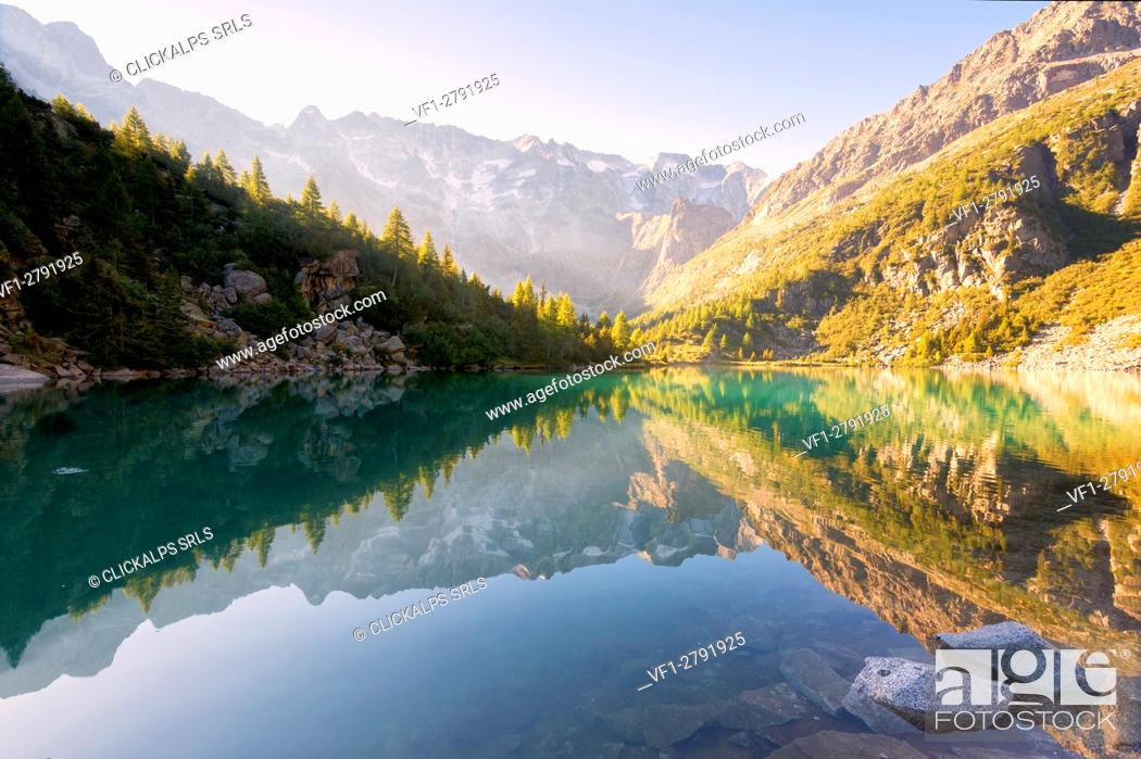 Stock Photo: Aviolo lake at dawn, Adamello park, Brescia province, Lombardy, Italy.