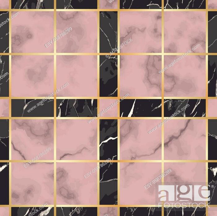 Stock Vector: Vector pink and black check marble seamless pattern. Repeat marbling surface with gold decorative elements, modern luxurious chessboard background.