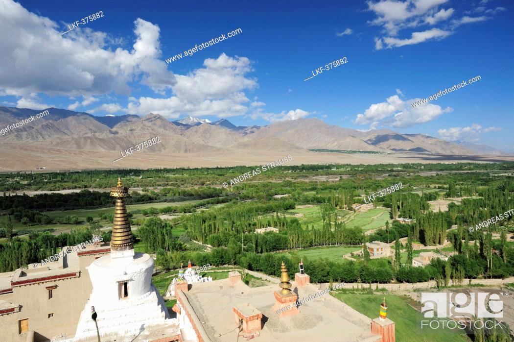 Stock Photo: Stupa with view to valley of Indus, monastery of Shey, Leh, valley of Indus, Ladakh, Jammu and Kashmir, India.