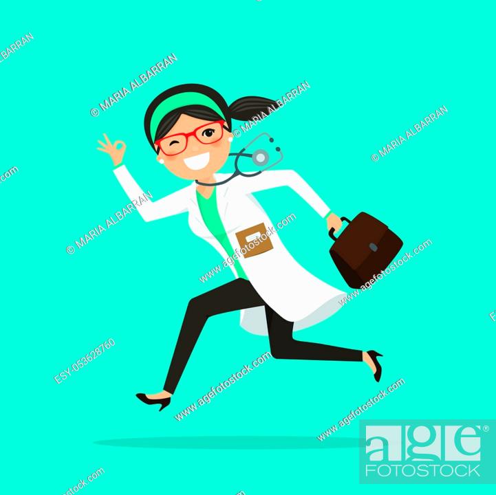 Vector: Emergency woman doctor running to help with stethoscope showing ok gesture. Vector illustration.
