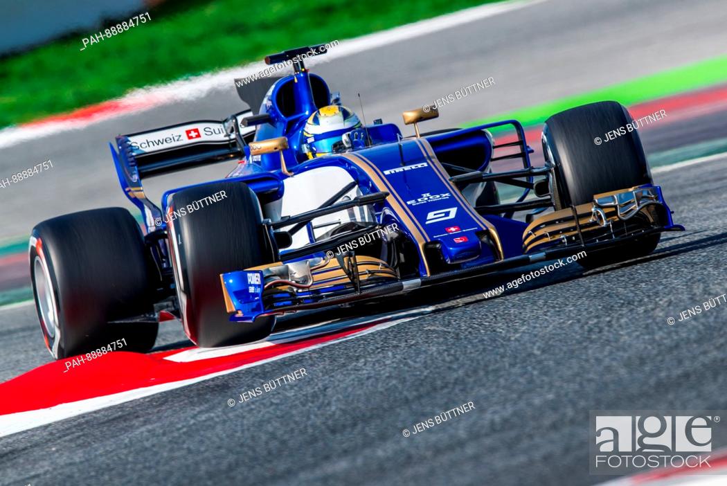 Stock Photo: Swedish Formula One pilot Marcus Ericsson of Sauber in action during the testing before the new season of the Formula One at the Circuit de Catalunya race treak.