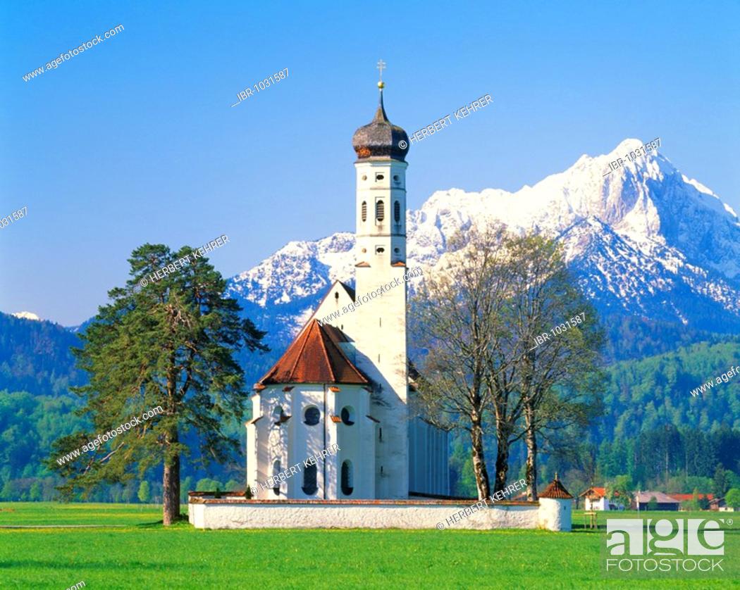 Stock Photo: St. Coloman pilgrimage church near Fuessen, Thannheim Range, spring, east Allgaeu, Bavaria, Germany, Europe.