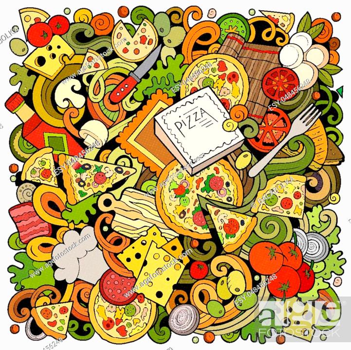 Cartoon vector doodles Pizza illustration. Line art, detailed, with lots of  objects background, Stock Vector, Vector And Low Budget Royalty Free Image.  Pic. ESY-048456248 | agefotostock