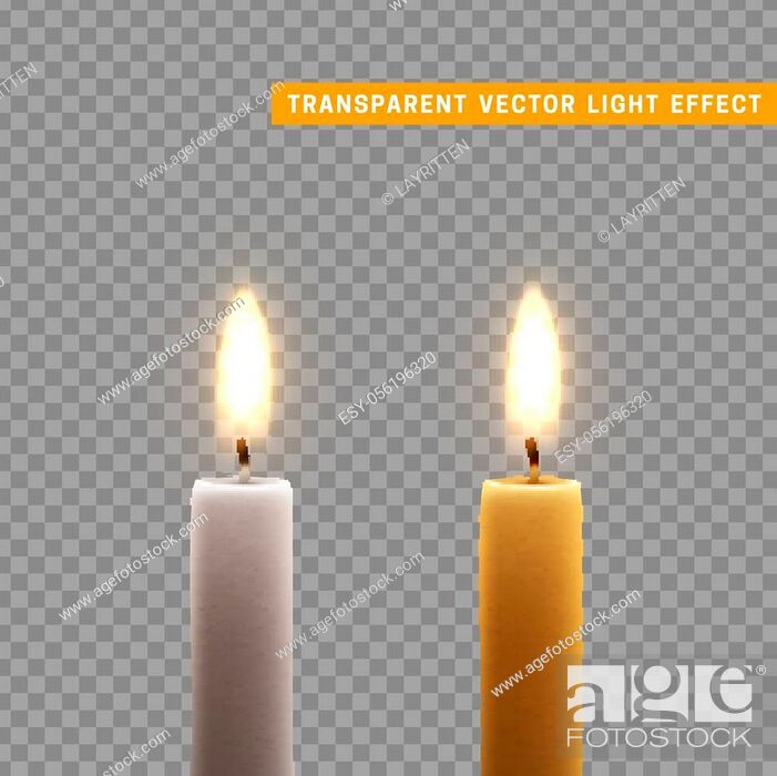 Stock Vector: Candles burn with fire realistic. Set isolated on transparent background. Element for design decor, vector illustration.