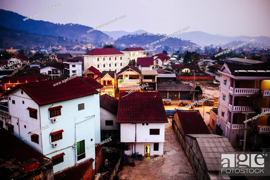 Stock Photo: High angle view of the central market square in an Asian town.