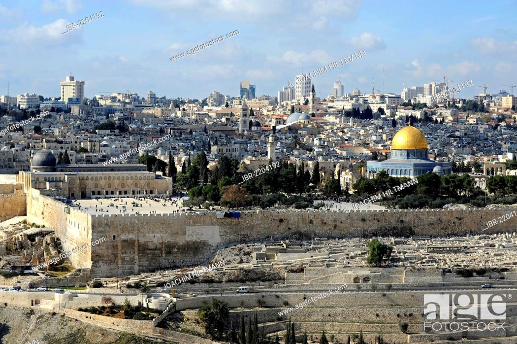 Stock Photo: View from the Mount of Olives towards Al-Aqsa Mosque and the Dome of the Rock, Temple Mount, Old City of Jerusalem, Israel, Middle East, Western Asia, Asia.