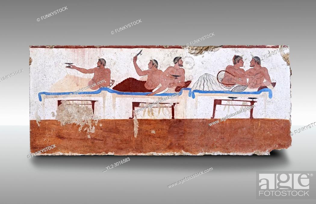 Stock Photo: Greek Fresco on the inside of Tomb of the Diver [La Tomba del Truffatore]. This panel is from one of the long sides of the tomb and shows a symposium of men.