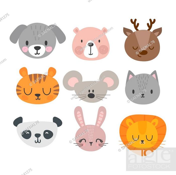 Set of cute hand drawn smiling animals. Cat, deer, panda, tiger, dog, lion,  bunny, mouse and bear, Stock Vector, Vector And Low Budget Royalty Free  Image. Pic. ESY-056641275 | agefotostock