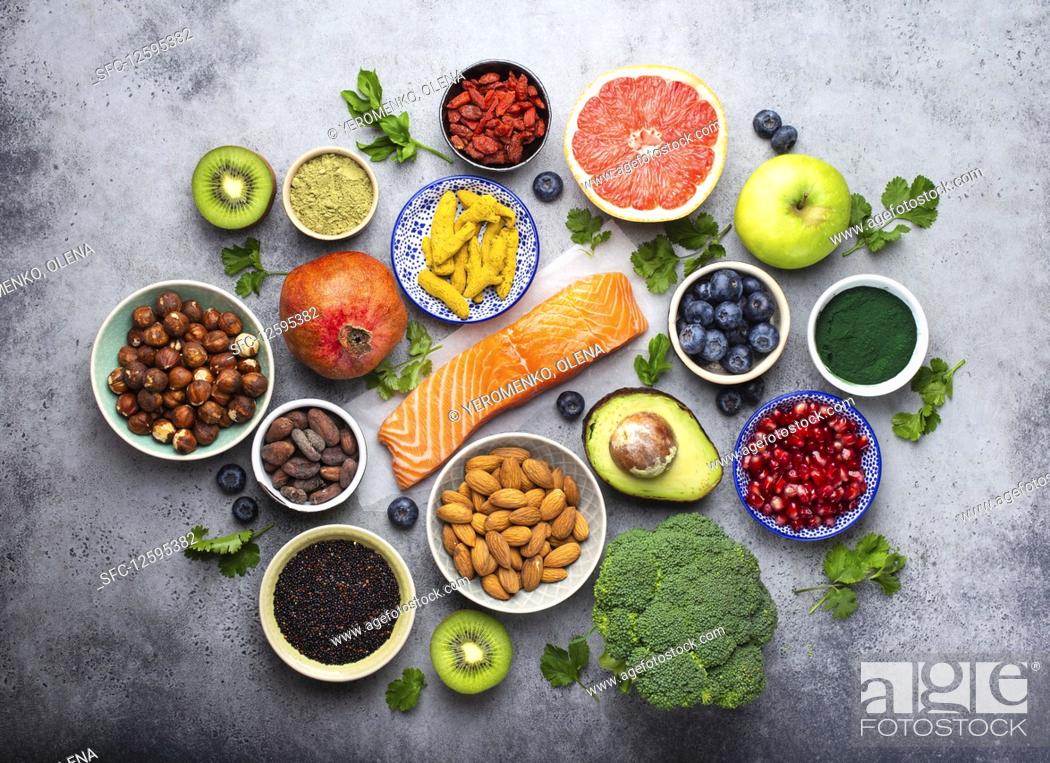 Stock Photo: Selection of healthy products and superfoods.