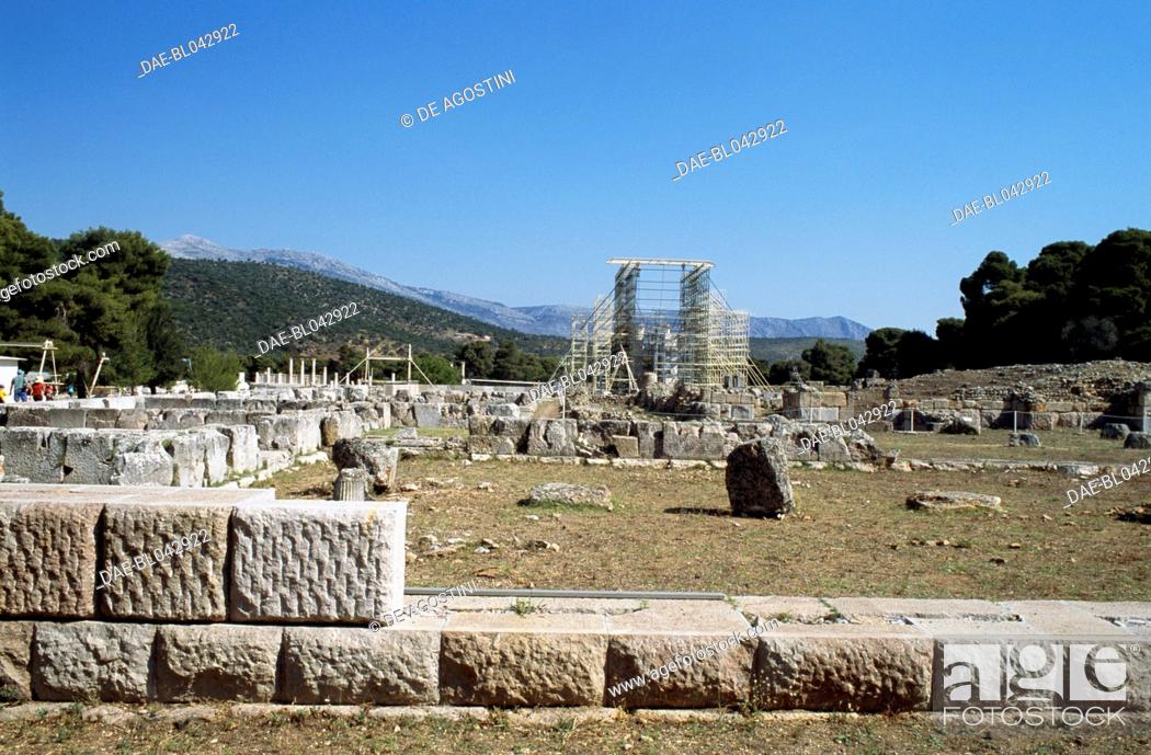 Stock Photo: Ruins of the sanctuary of Asclepius, Epidaurus (UNESCO World Heritage List, 1988), Peloponnese, Greece. Hellenistic civilisation, 4th century BC.