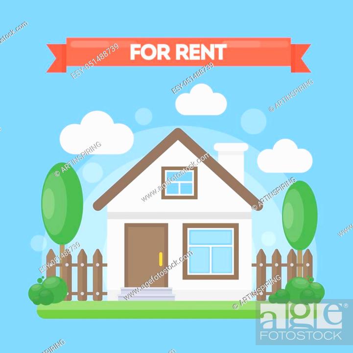 House for rent. Simple cute cartoon house with trees and clouds, Stock  Vector, Vector And Low Budget Royalty Free Image. Pic. ESY-051488739 |  agefotostock
