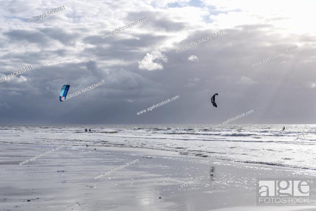 Stock Photo: Beach with surfers, Sankt Peter-Ording, North Sea, Schleswig-Holstein, Germany, Europe.