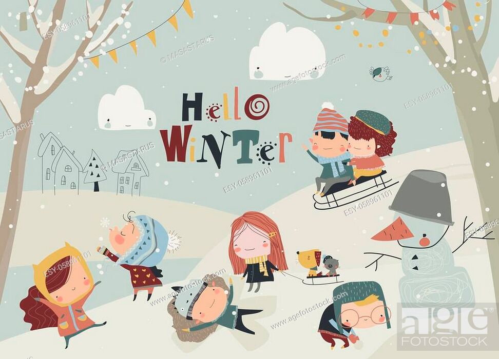 Vector: Happy cute kids playing winter games. Hello winter. Vector greeting card.