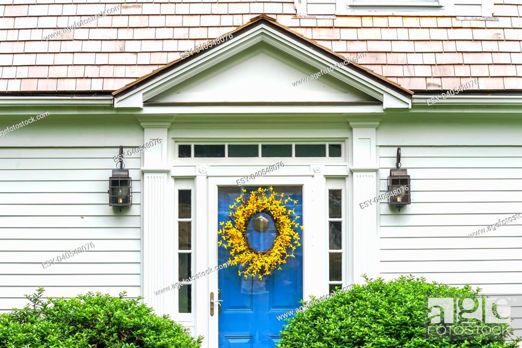 Stock Photo: White House Blue Door Colorful Flowers Padnaram Village Dartmouth Masschusetts . . .