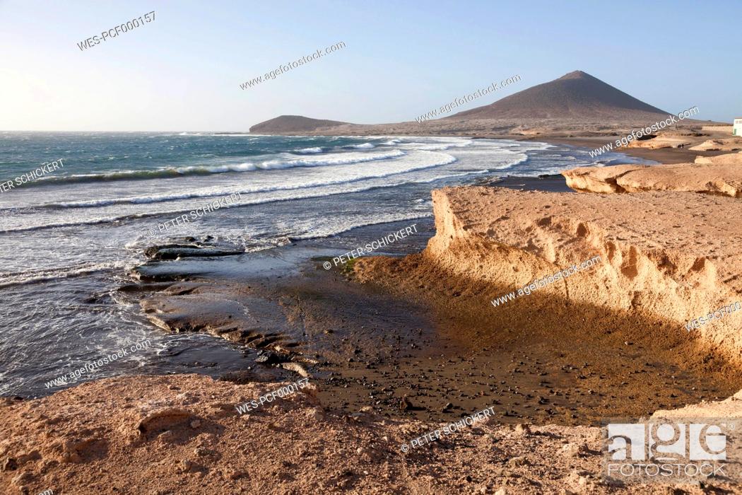 Stock Photo: Spain, Canary Islands, Tenerife, Granadilla de Abona, beach and Mount Montana Roja in El Medano.