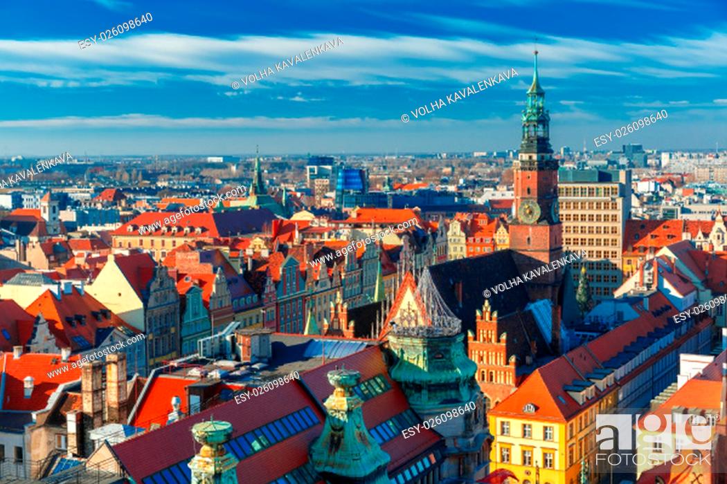 Stock Photo: Aerial view of Stare Miasto with Market Square and Old Town Hall from St. Mary Magdalene Church in Wroclaw, Poland.
