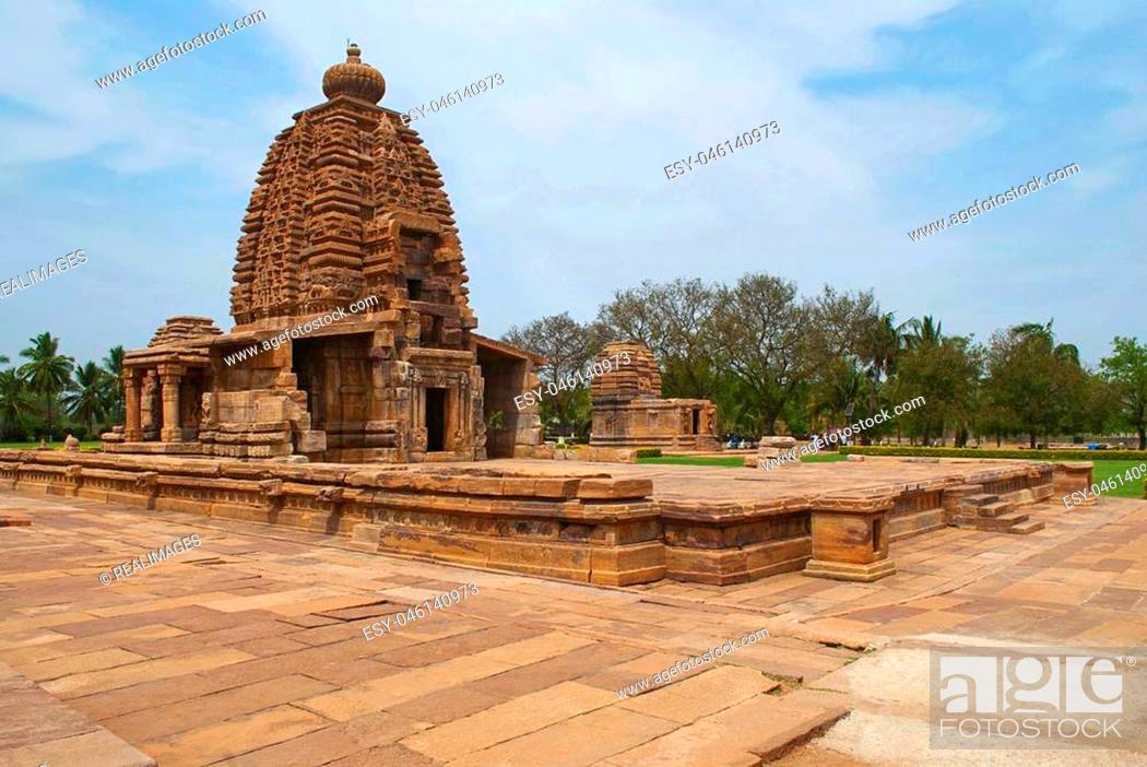 Stock Photo: Full view of Galaganatha temple, Pattadakal temple complex, Pattadakal, Karnataka, India. Kadasiddhesvara temple is seen in the distance.