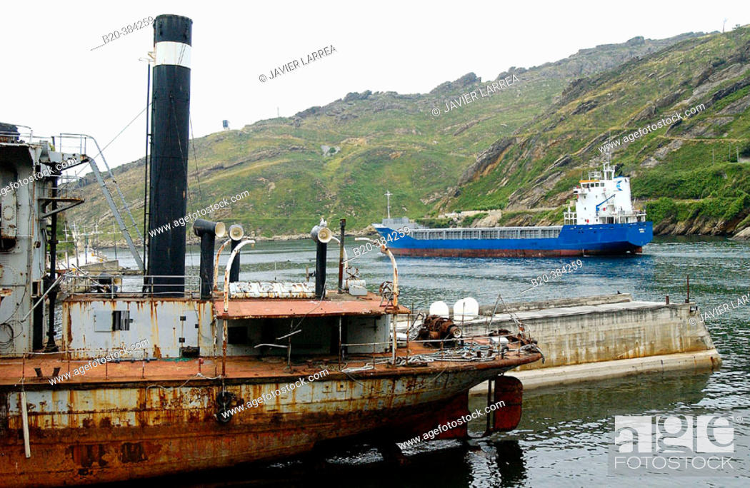 Stock Photo: Ship in in Ondartxo abandoned shipyard. Pasajes harbour. Pasaia. Guipuzcoa. Euskadi. Spain.