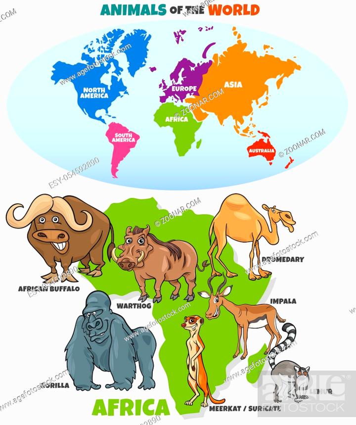 Educational Cartoon Illustration of African Animals and World Map with  Continents Shapes, Stock Photo, Picture And Low Budget Royalty Free Image.  Pic. ESY-054592890 | agefotostock
