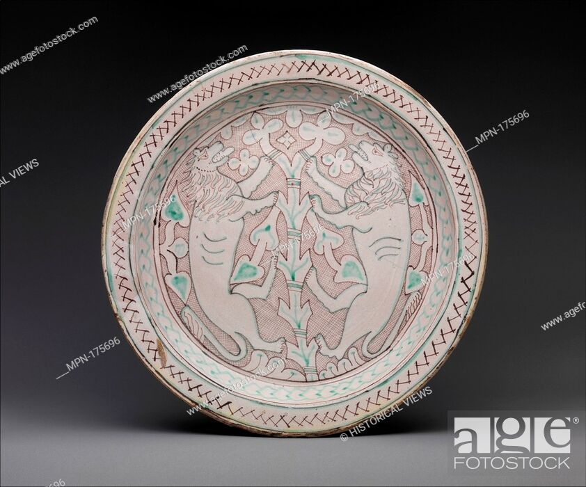 Stock Photo: Dish with Rampant Lions. Date: early 15th century; Geography: Made in Orvieto, Italy; Culture: Italian; Medium: Tin-glazed earthenware; Dimensions: Overall:.