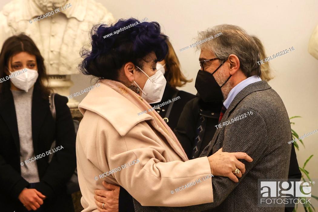 Stock Photo: Marisa Laurito greets Roberto russo husband of Monica Vitti at the Burial chamber in Campidoglio , Rome, ITALY-04-02-2022.