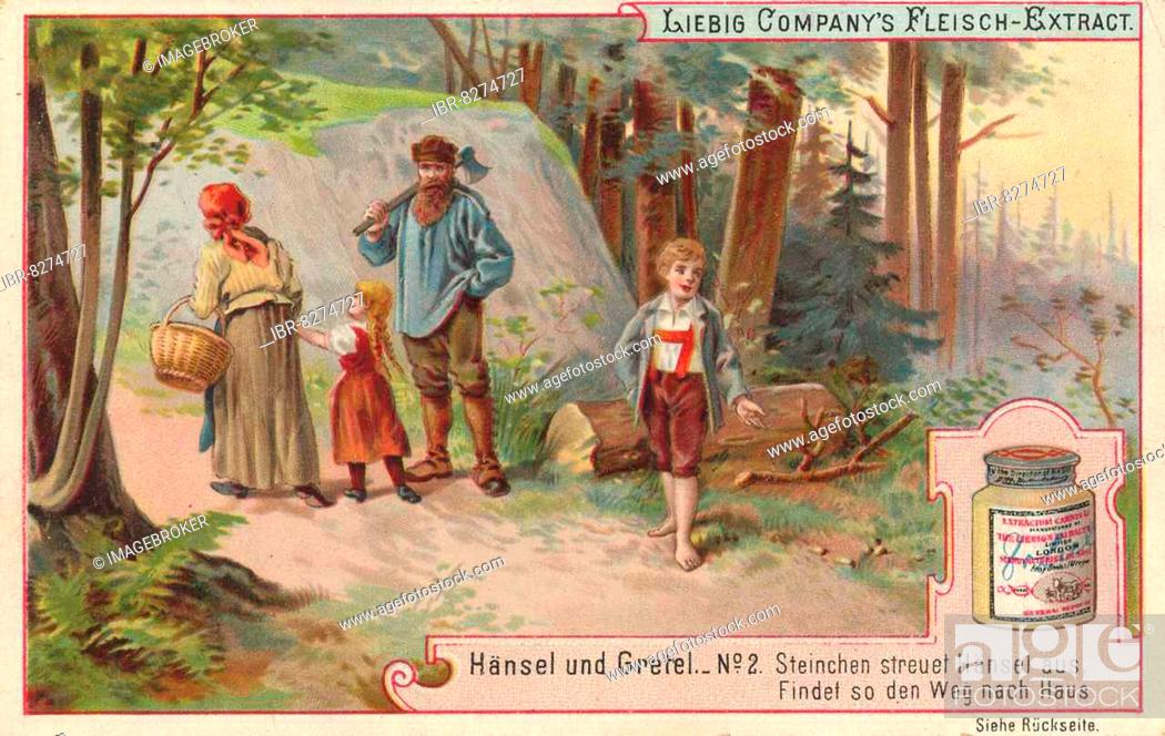 Stock Photo: Serie Märchen Hänsel und Gretel, Steinchen streuet Hänsel aus, findet so den Weg nach Haus, digital verbesserte Reproduktion eines Sammelbildes von ca 1900.