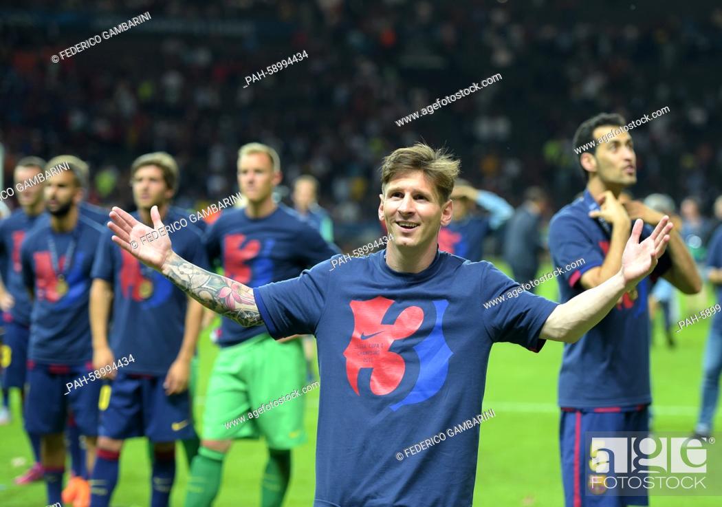 Stock Photo: Barcelona's Lionel Messi celebrates after winning the UEFA Champions League final soccer match between Juventus FC and FC Barcelona at Olympiastadion in Berlin.