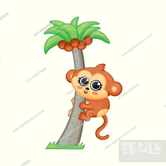 Cute sweet baby monkey with big eyes climbing or hanging on palm tree,  Stock Vector, Vector And Low Budget Royalty Free Image. Pic. ESY-056079838  | agefotostock