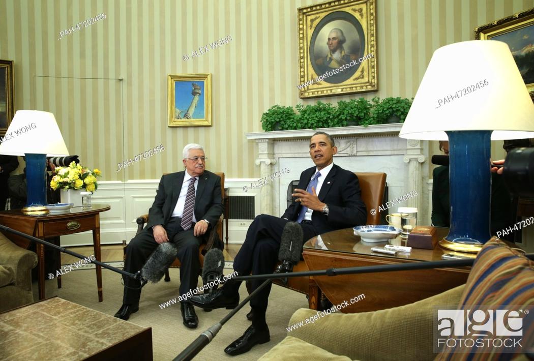 Stock Photo: United States President Barack Obama (R) meets with Palestinian President Mahmoud Abbas (L) in the Oval Office of the White House in Washington, DC.