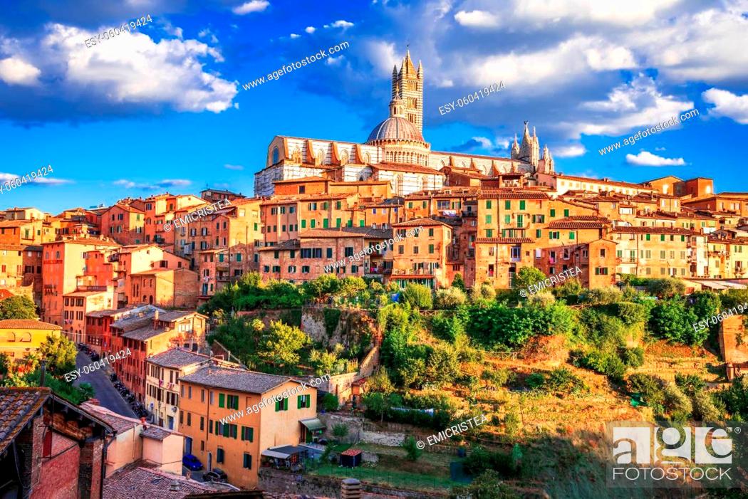 Stock Photo: Siena, Italy. Summer scenery of Siena, a beautiful medieval town in Tuscany, with view of the Dome of Siena Cathedral.