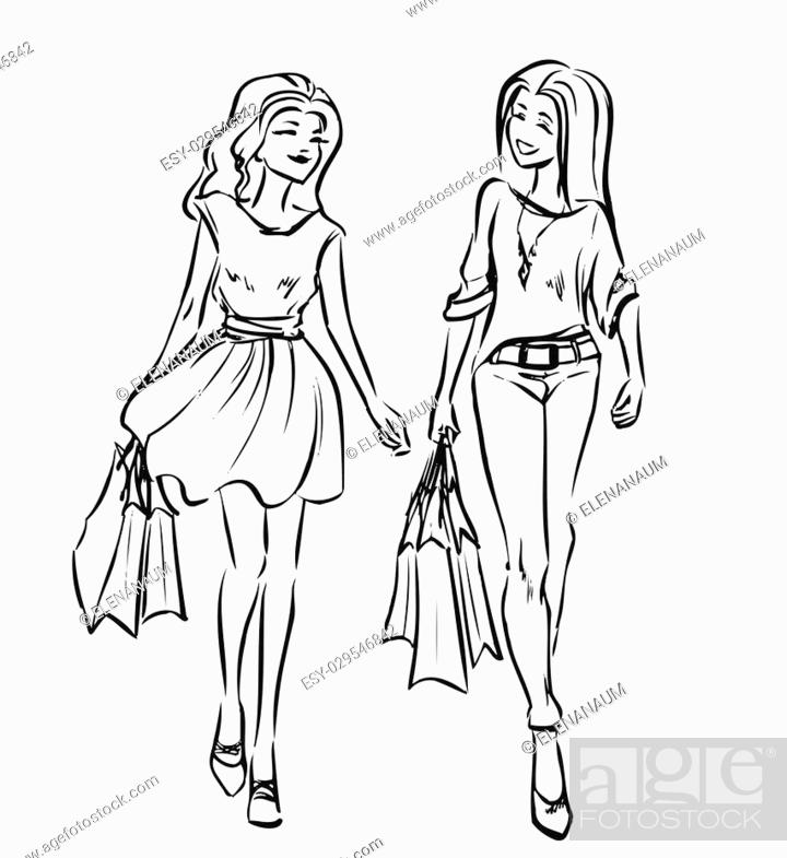 Two young slender women after going shopping. Smiling girls look contented  and hold some shopping..., Stock Vector, Vector And Low Budget Royalty Free  Image. Pic. ESY-029546842 | agefotostock