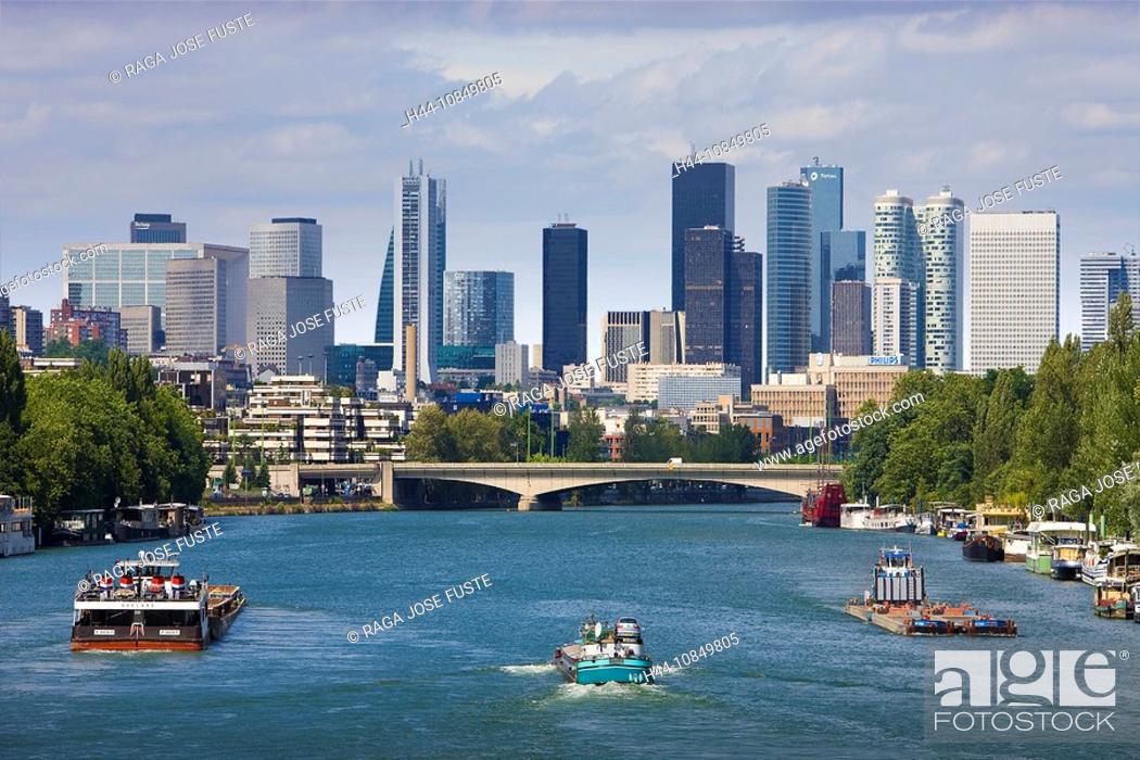 Stock Photo: France, Europe, Paris, travel, tourism, City, Seine river, La Defense, Skyline, tourists, Boat, ship, transportation.