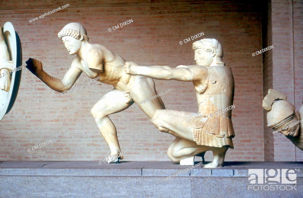Stock Photo: Reconstruction of part of the East Pediment of Temple of Aphaia, Aegina, Greece, c500-c480 BC. This item is now in the Munich Glyptothek: Germany.